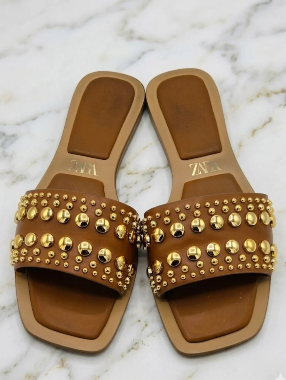 Zara Studded Flat Leather Slide Sandals Size 7.5 - Picture 1 of 14